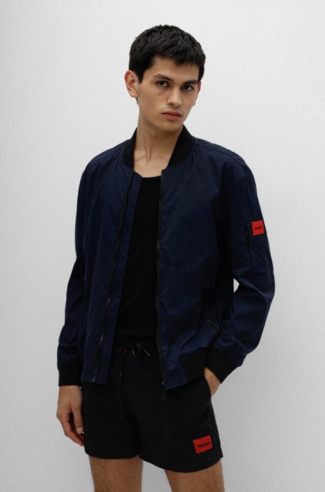 Slim-fit jacket in stretch fabric with logo label, Dark Blue