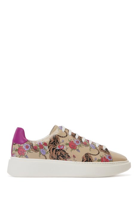 Leather trainers with seasonal pattern, Beige Patterned