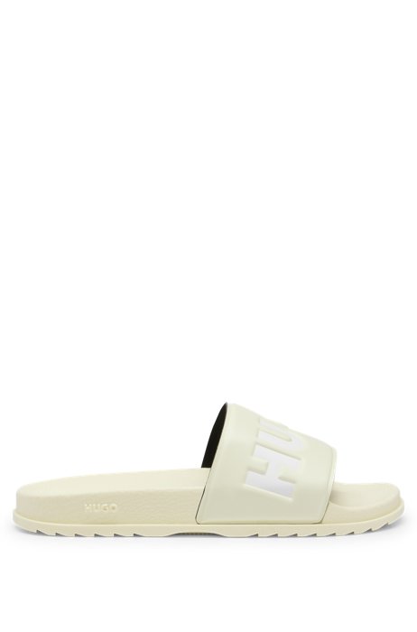 Sandali slider realizzati in Italia con fascia con logo, Calce