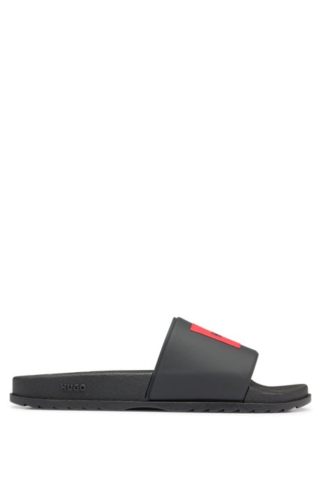 Sandali slider realizzati in Italia con toppa con logo rossa, Nero