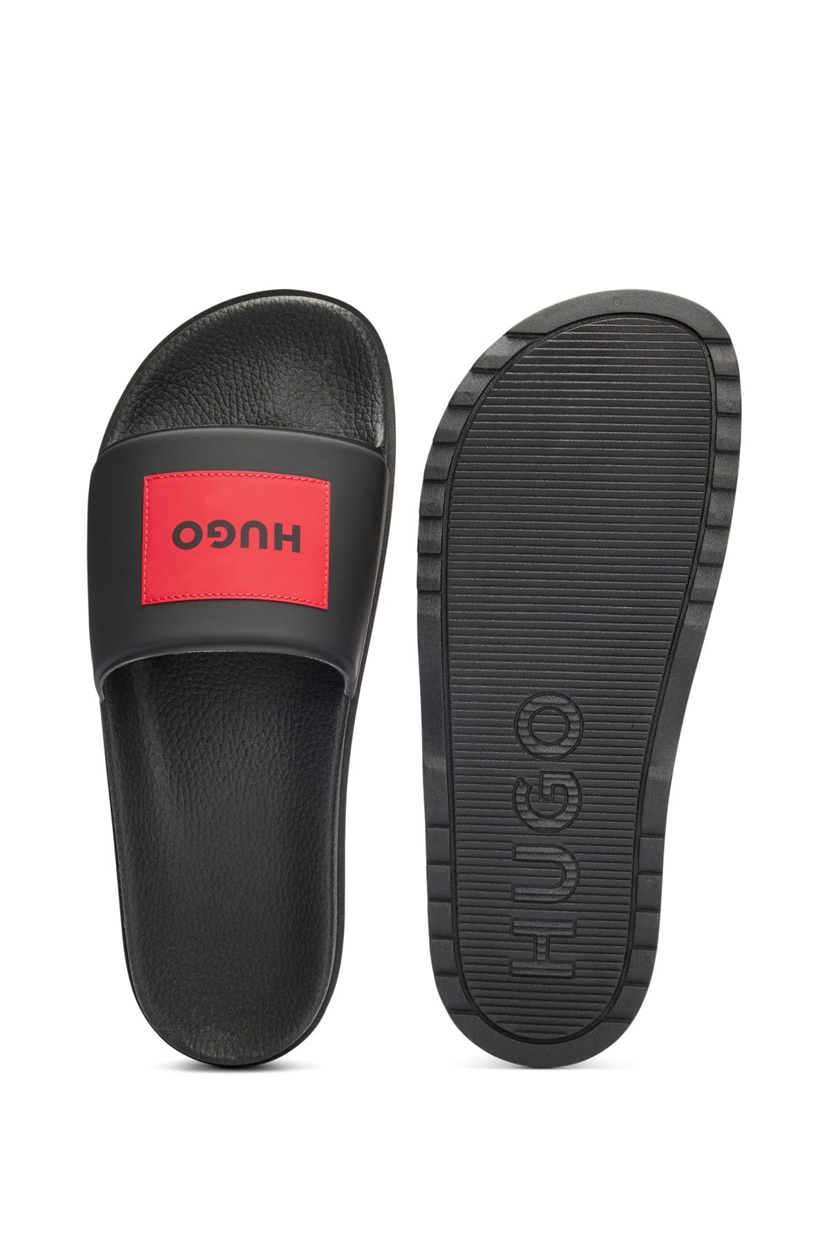 Italian-made slides with red logo patch, Black