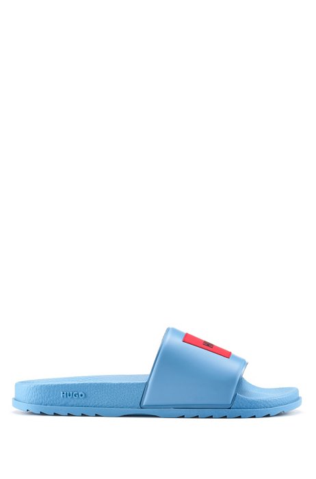 Italian-made slides with red logo patch, Blue