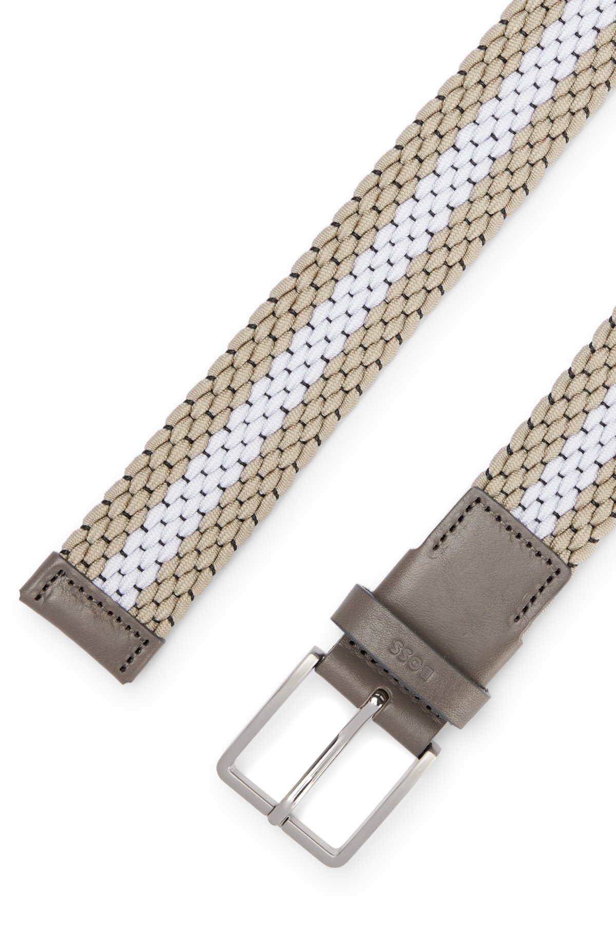 Woven belt with leather trims and contrasting colour detail, Light Beige