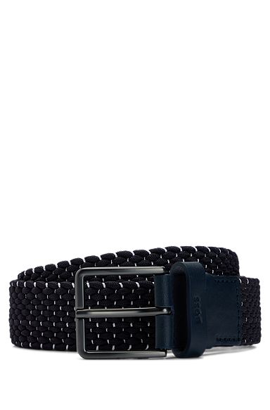 Woven belt with leather trims and contrasting colour detail, Dark Blue