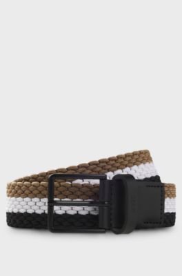Woven belt with leather trims and contrasting colour detail, Patterned