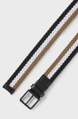 Woven belt with leather trims and contrasting colour detail, Patterned