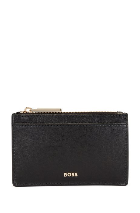 Coated-leather wallet with polished logo and zip top, Black
