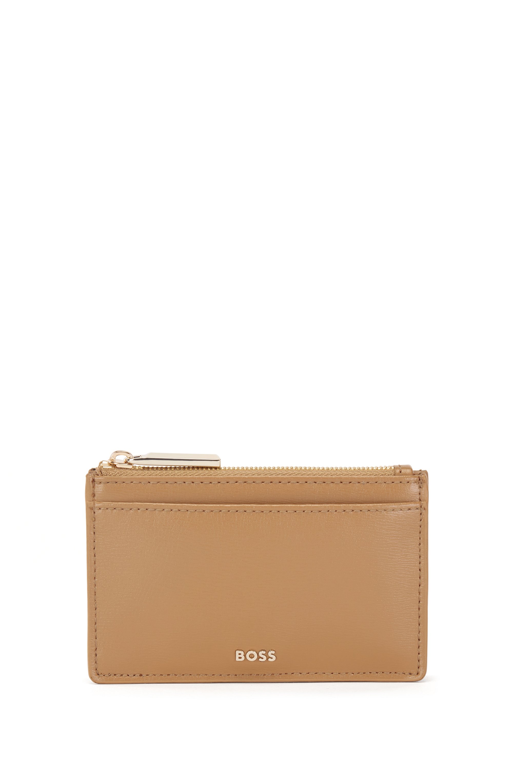 Coated-leather wallet with polished logo and zip top, Beige
