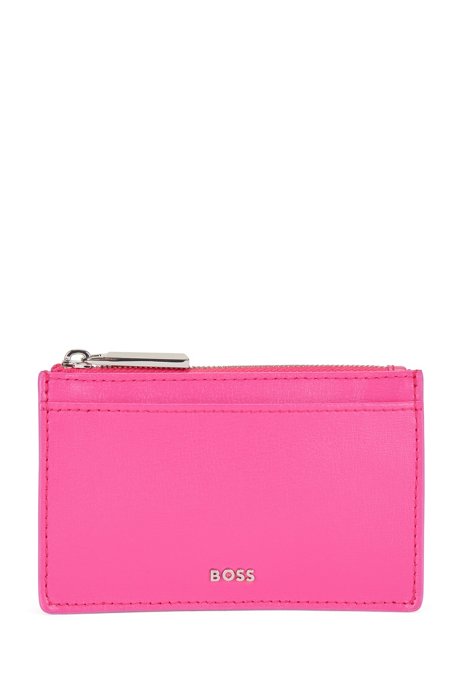 Coated-leather wallet with polished logo and zip top, Pink