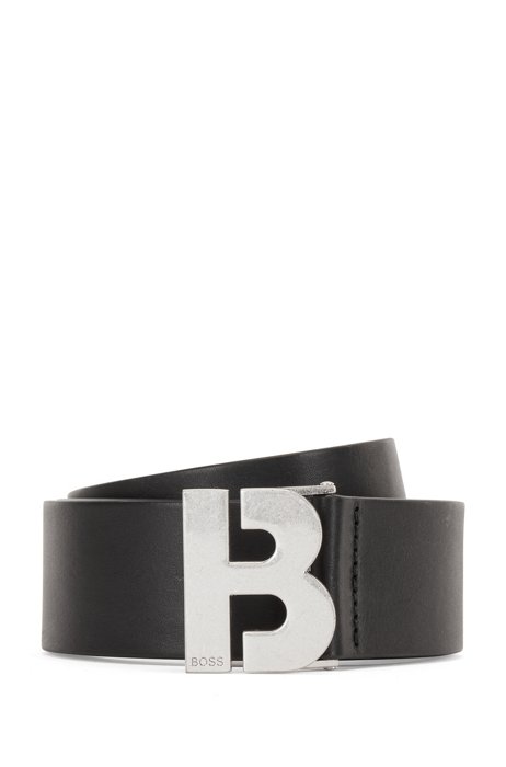Ceinture en cuir italien avec logo lettre « B » gravée sur la boucle, Noir