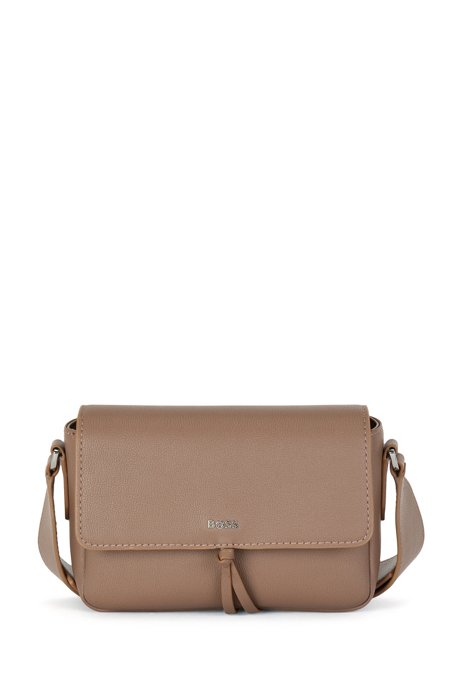 Faux-leather crossbody bag with striped webbing strap, Brown