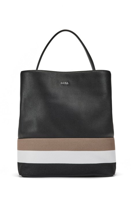 Faux-leather bucket bag with signature stripe, Black