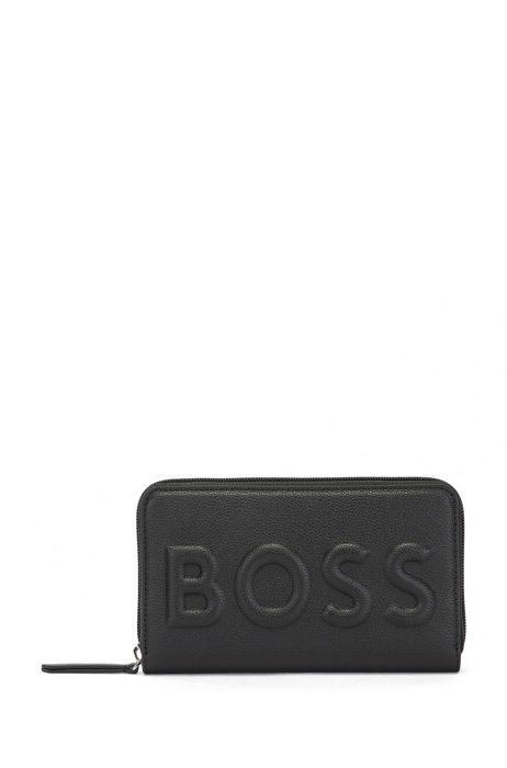Geldbörse aus Kunstleder mit umlaufendem Reißverschluss und erhabenem Logo, Schwarz