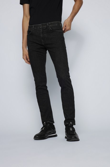 Slim-Fit Jeans aus schwarzem Super-Stretch-Denim in Used-Optik, Schwarz