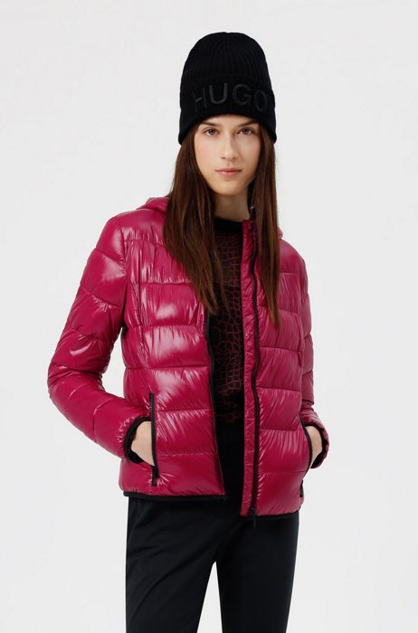 Padded jacket with hood and contrast logo, Red