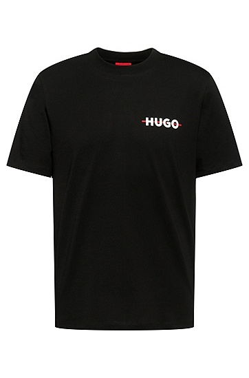 HUGO 雨果条纹和徽标图案棉质 T 恤,  001_Black