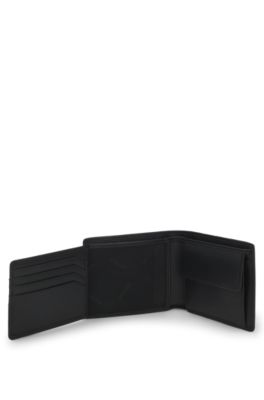 Trifold wallet in micro-grained leather with coin pocket, Black