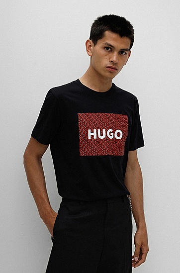 HUGO 雨果徽标印花常规版型棉质平纹针织 T 恤,  001_Black