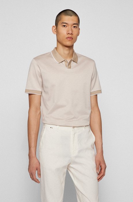 Johnny-collar polo shirt in three-tone cotton jacquard, Light Beige