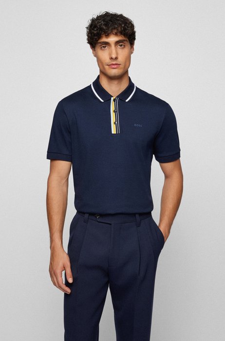 Interlock-cotton polo shirt with rubberised logo, Dark Blue