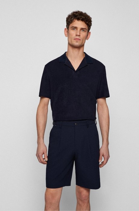 Cotton-towelling polo shirt with johnny collar, Dark Blue