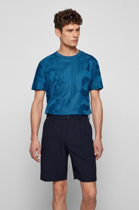 Mercerised-cotton slim-fit T-shirt with seasonal print, Blue