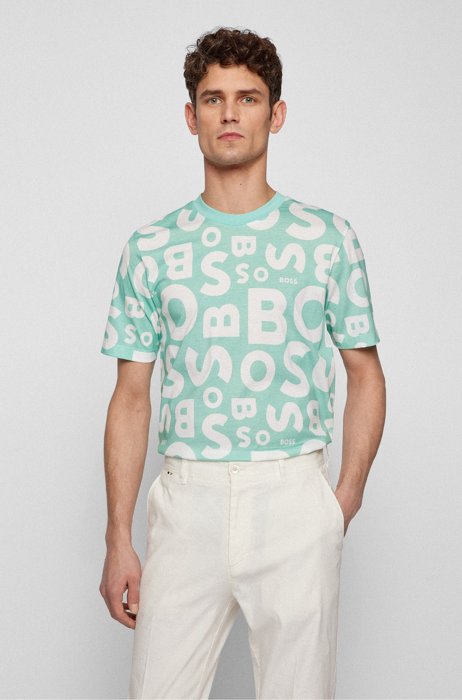 Crew-neck T-shirt in mercerised cotton with seasonal print, Light Green