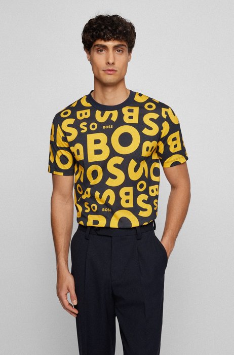 T-Shirt aus merzerisierter Baumwolle mit saisonalem Print und Rundhalsausschnitt, Dunkelblau