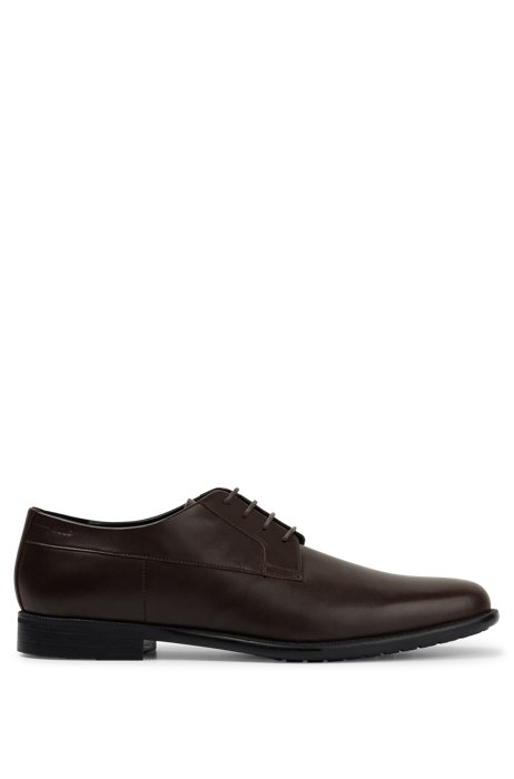 Derby shoes in polished leather with embossed logo, Dark Brown