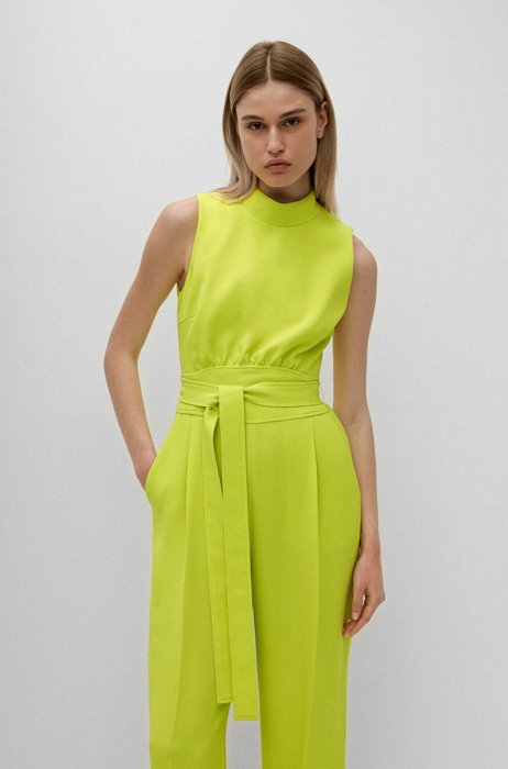 Mock-neck jumpsuit with belted waist, Yellow