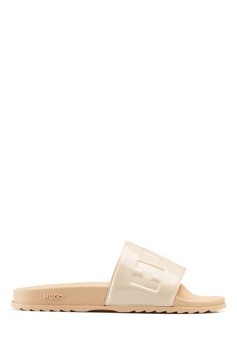 Italian-made slides with patent logo strap, Beige