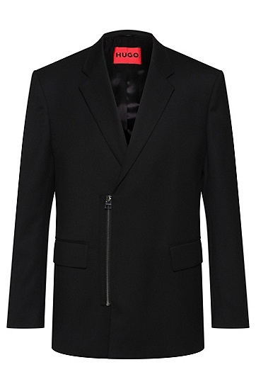 HUGO 雨果拉链开合弹性面料宽松版型夹克外套,  001_Black