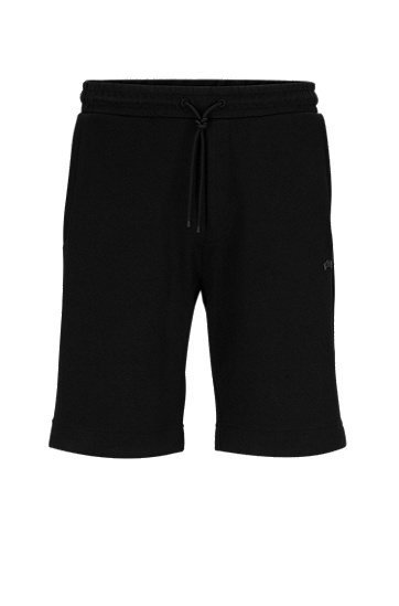 弧形徽标设计混合面料常规版型短裤,  001_Black