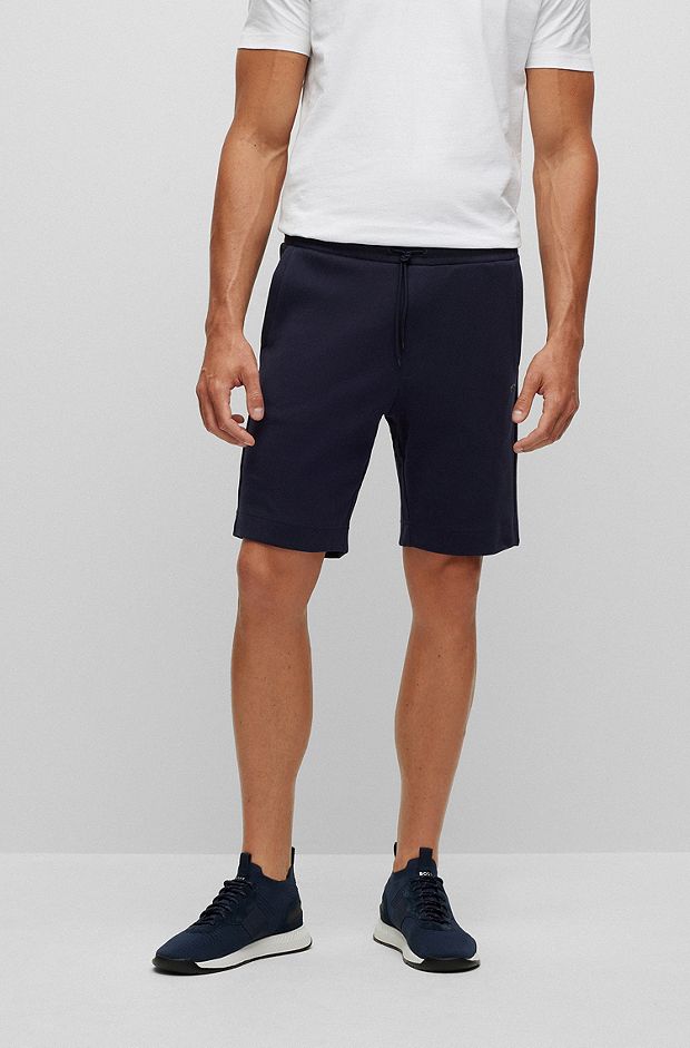 Mixed-material regular-fit shorts with curved logo , Dark Blue