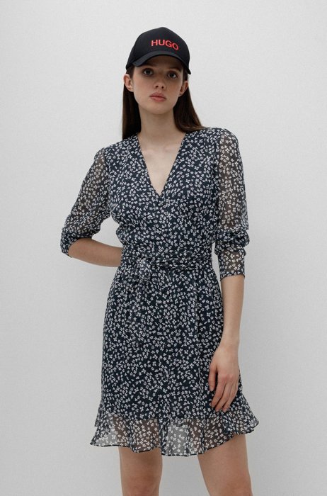 Ditsy-print dress with button front and ruffled hem, Patterned
