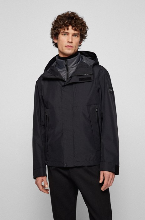 Water-repellent hooded jacket with detachable vest, Black