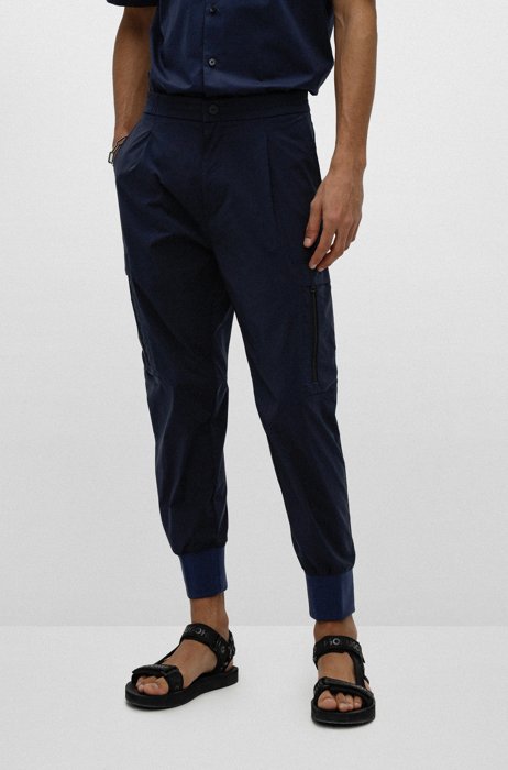 Slim-fit cuffed trousers with red logo label, Dark Blue