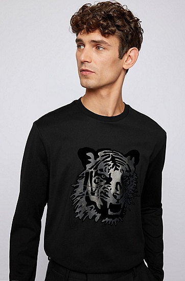 老虎图案棉质长袖 T 恤,  001_Black