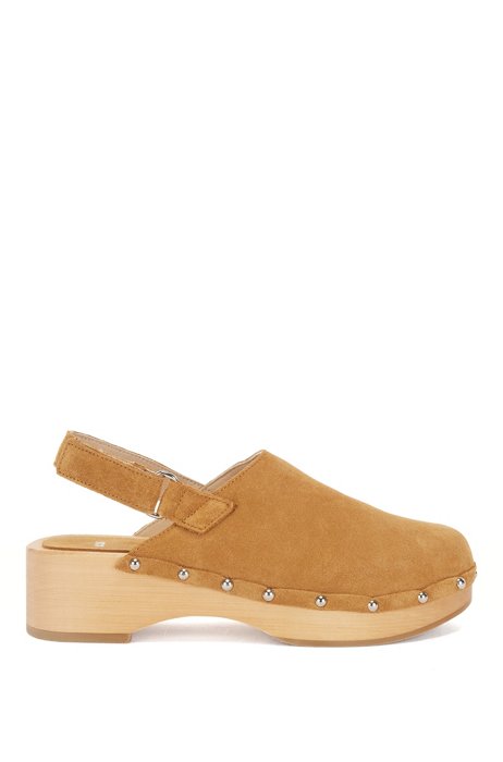 Suede clogs with wooden sole and stud trims, Light Brown