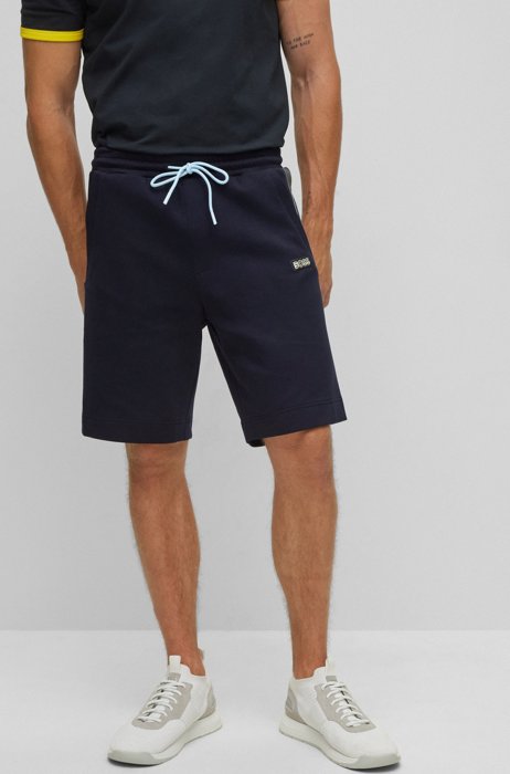 Cotton-blend regular-fit shorts with multicoloured logo, Dark Blue