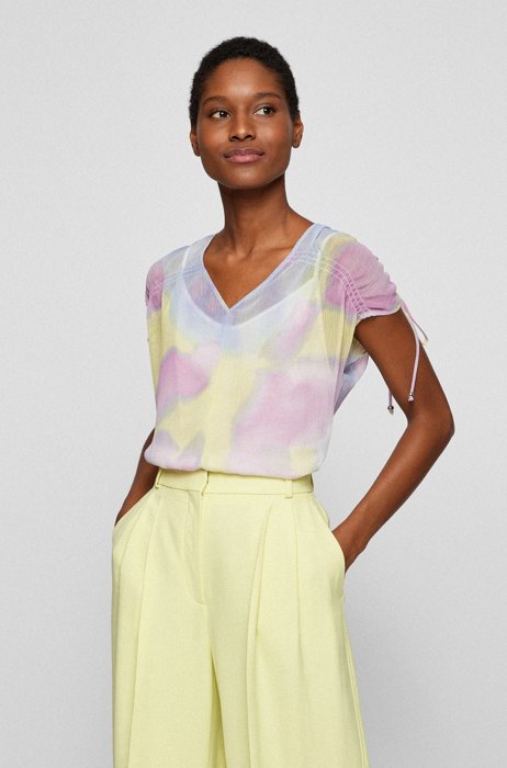 Sleeveless top with watercolour print and drawcord trims, Patterned