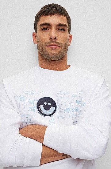 BOSS 博斯饰有艺术风图案和可拆卸徽章的棉质混纺运动衫,  100_White