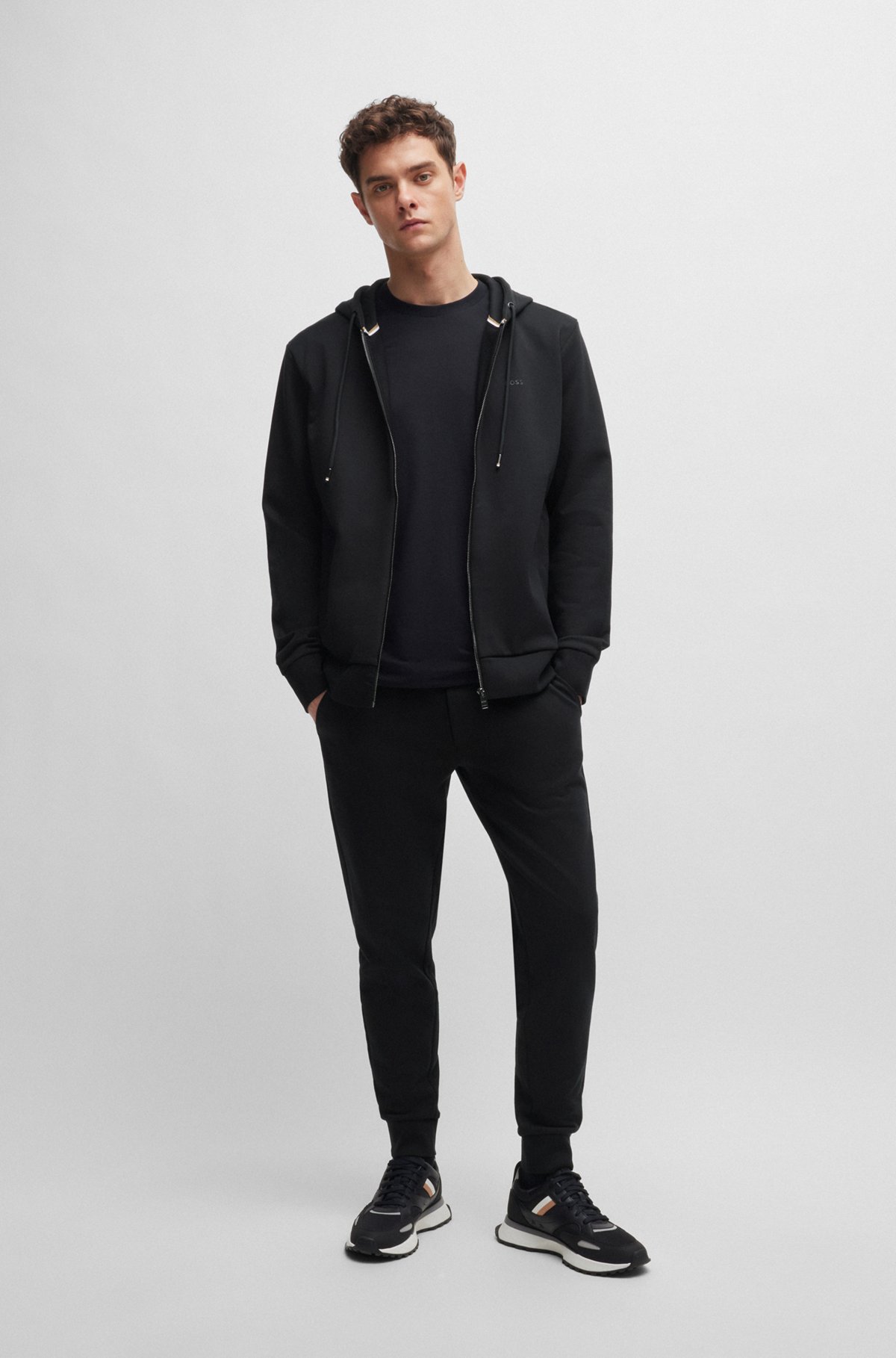 Cotton-terry tracksuit bottoms with printed logo, Black