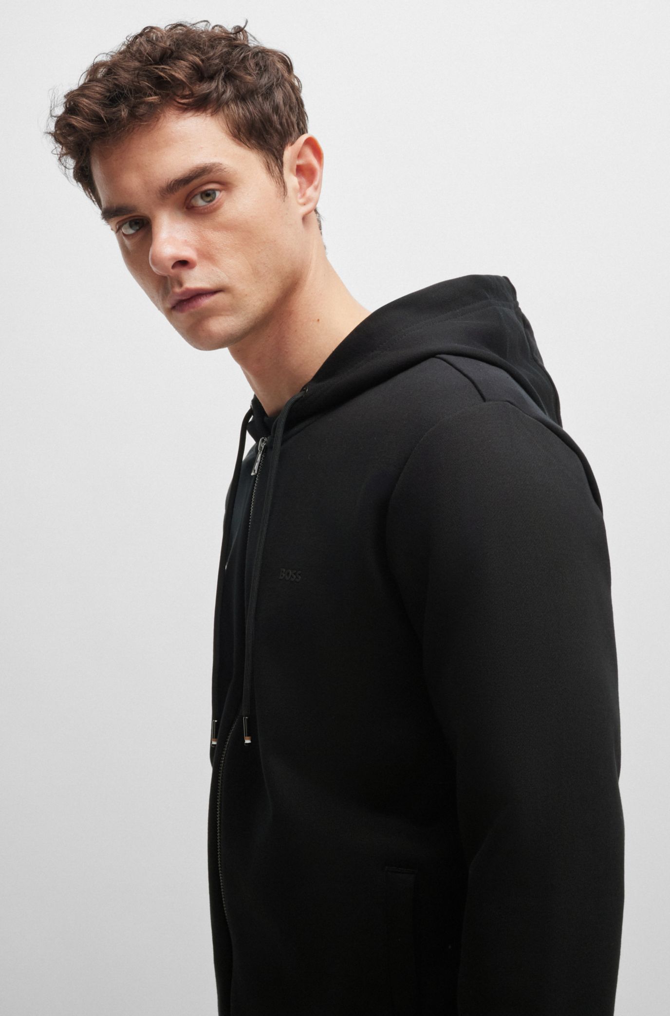 BOSS - Zip-up hoodie in French terry with printed logo