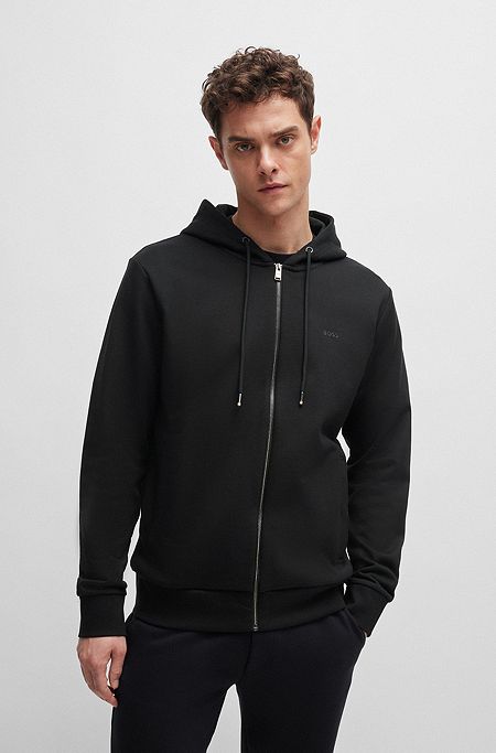 Zip-up hoodie in French terry with printed logo, Black