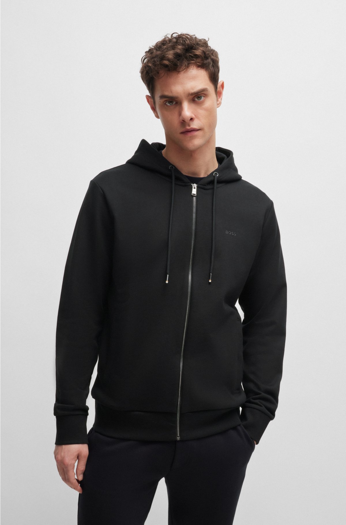 BOSS - Cotton-terry zip-up hoodie with printed logo