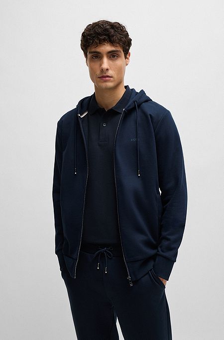 Zip-up hoodie in French terry with printed logo, Dark Blue