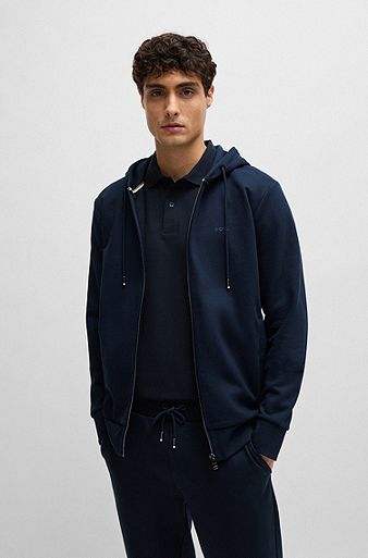 Cotton-terry zip-up hoodie with printed logo, Dark Blue