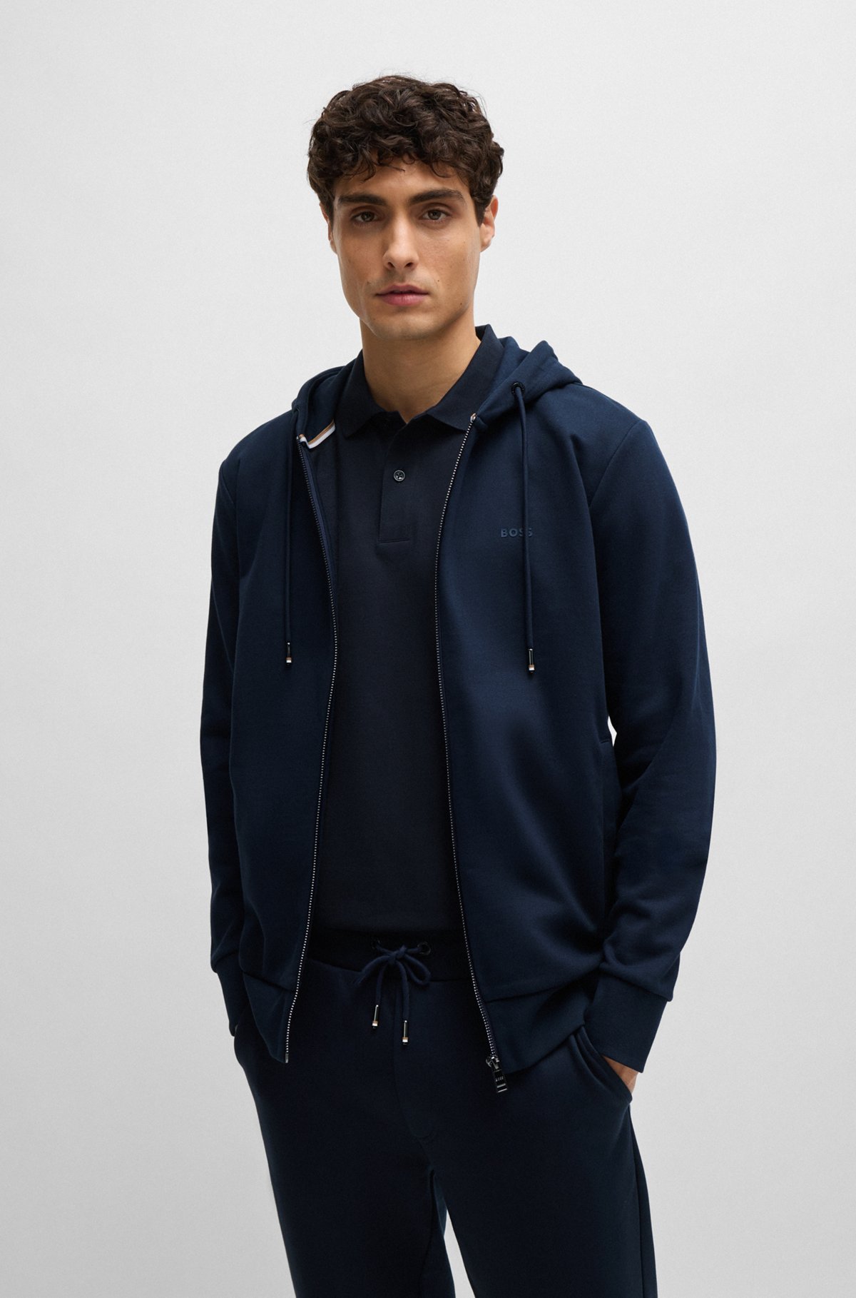 Cotton-terry zip-up hoodie with printed logo, Dark Blue