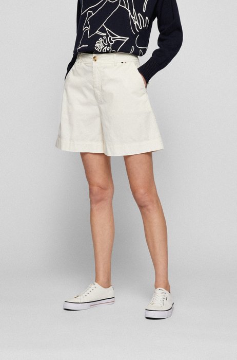 Garment-dyed regular-fit shorts in stretch-cotton twill, White